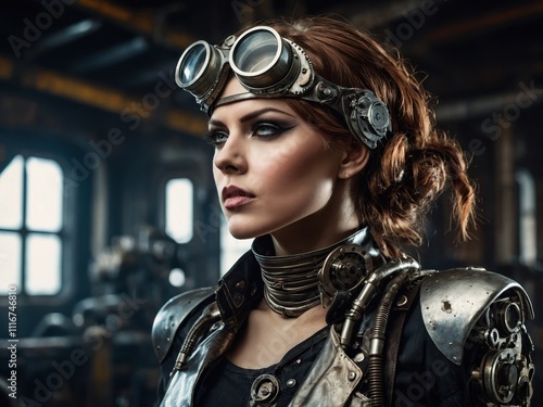 A woman in a stylish dieselpunk outfit, blending vintage and futuristic elements, showcasing a unique and bold fashion statement photo