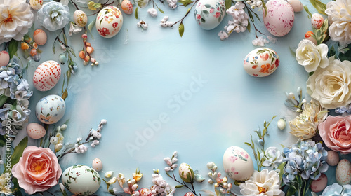 Elegant Easter floral frame with decorated eggs and pastel flowers on a light blue background