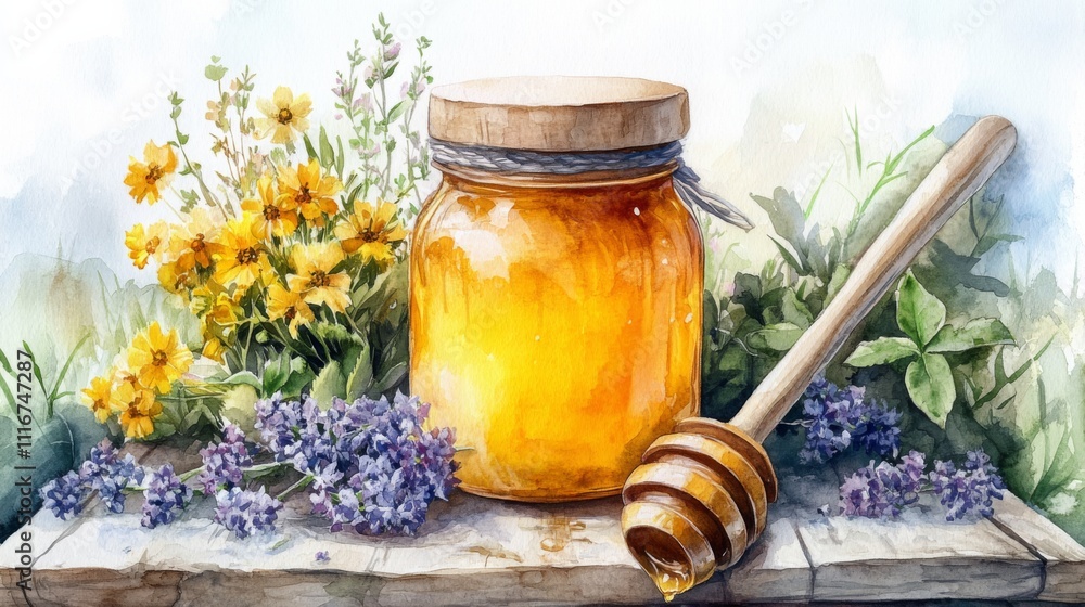 Jar of Honey in Garden Setting Jar of Honey in Garden Setting