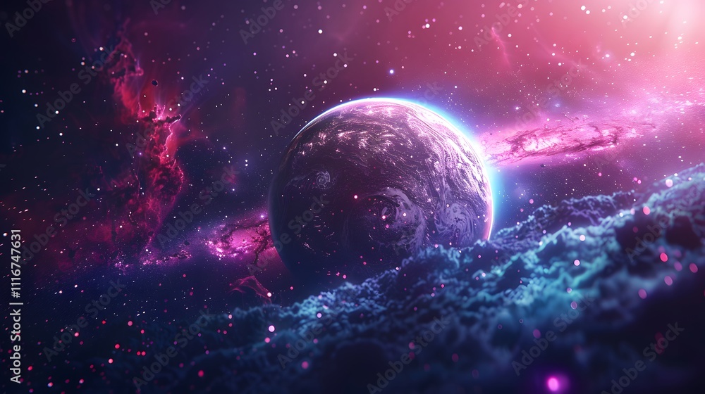 Obraz premium A stunning sunset casts warm hues of pink, purple, and orange over the clouds and water, creating a surreal and dreamlike landscape.