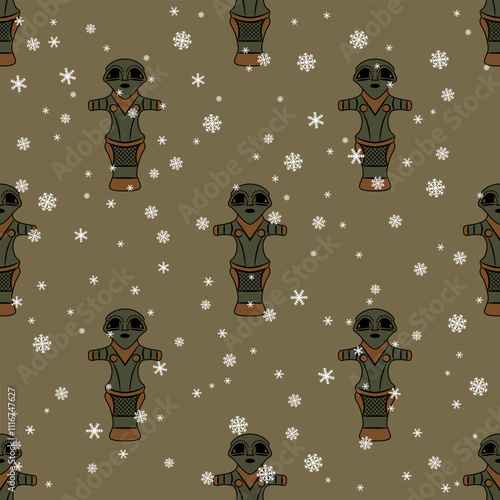 Seamless seasonal ethnic pattern with female figurines and snowflakes. Winter design with Neolithic goddess. Vinča culture from Serbia.