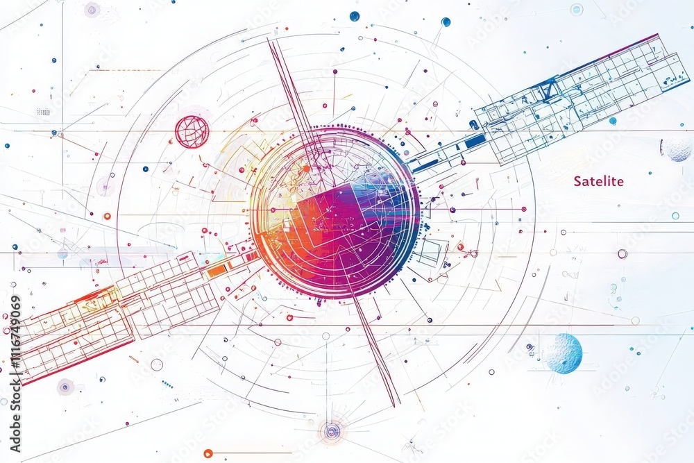 A vibrant illustration of a satellite surrounded by celestial elements, showcasing concepts of technology and space in a creative and abstract manner. The design emphasizes innovation. A vibrant illustration of a satellite surrounded by celestial elements, showcasing concepts of technology and space in a creative and abstract manner. The design emphasizes innovation.