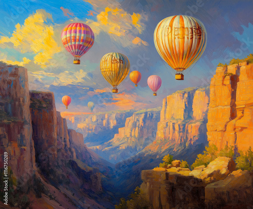 Balloons rising above a canyon with rocky formations