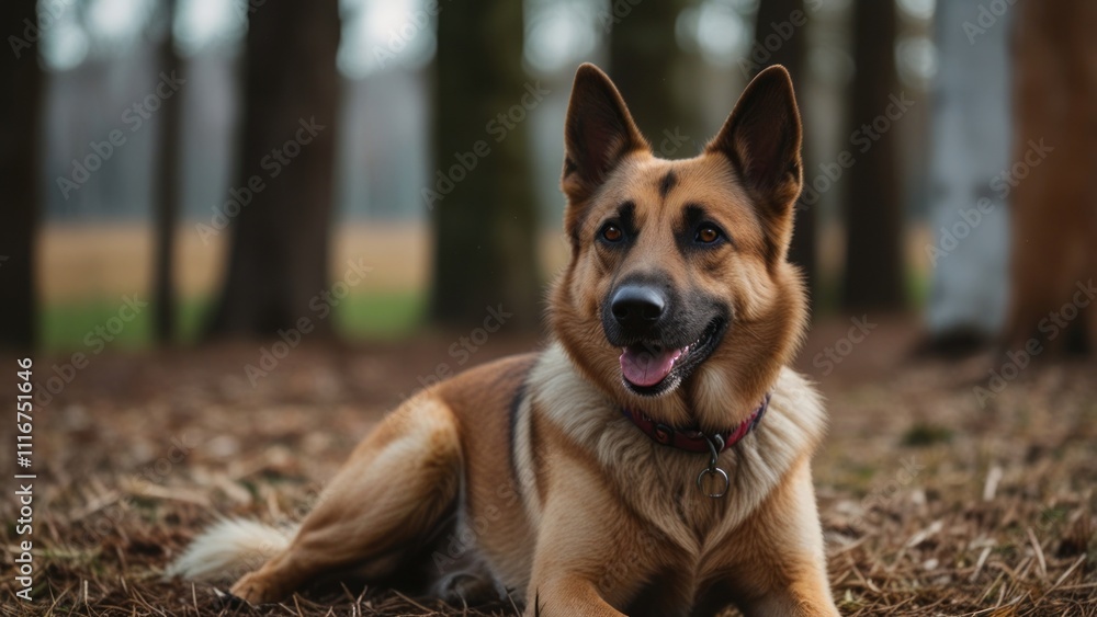 Fototapeta premium Happy German Shepherd dog lying in forest.