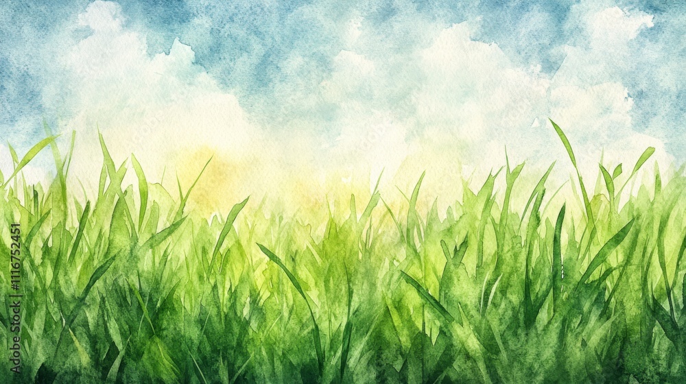 Fototapeta premium Watercolor Grass and Sky Scene