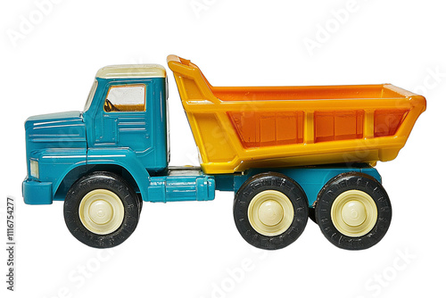 Toy dump truck, vibrant colors, teal cab, yellow bed, retro style, plastic texture, children's toy, simplified design, large wheels, playful, nostalgic, isolated on white background, studio lighting