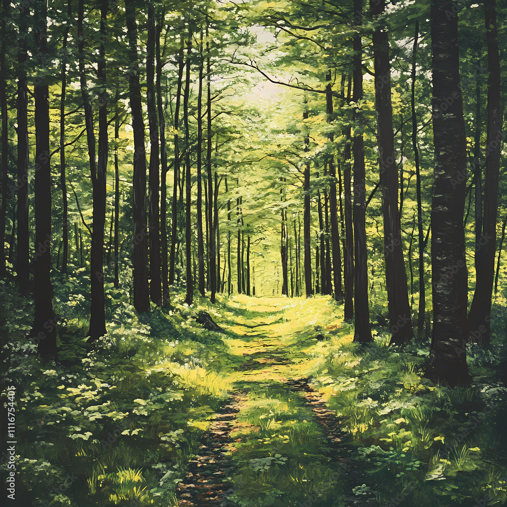 Obraz premium Enchanting Greenery: Following a Lime Green Forest Path on a Hike