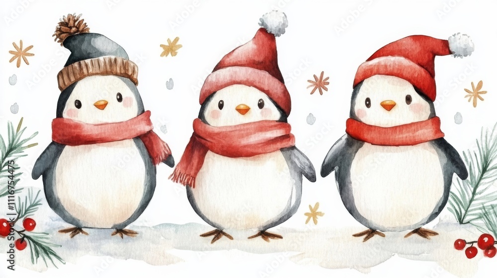 Festive Penguins in Winter Hats Festive Penguins in Winter Hats