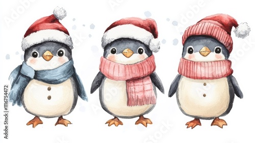 Cute Festive Penguins with Santa Hats