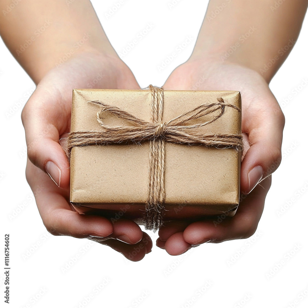 Obraz premium hands holding gift, brown paper wrapped present, twine bow, simple packaging, giving, generosity, close-up, white background, minimalist, thoughtful gesture, eco-friendly, sustainable gift wrapping