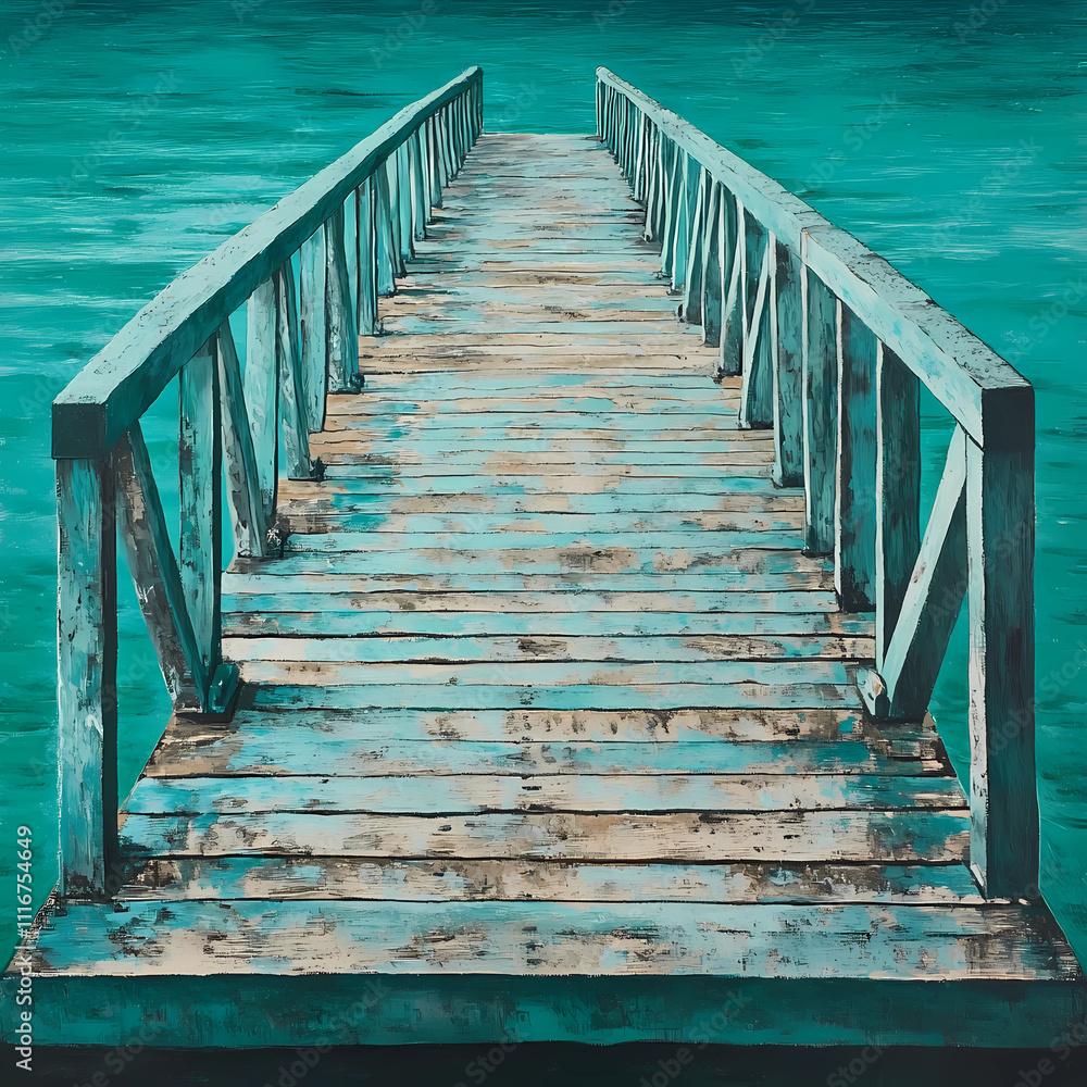 Fototapeta premium Serene Walk: Crossing a Teal Pontoon Bridge Over Calm Waters