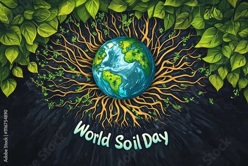 A vibrant image showing a globe surrounded by plant roots photo