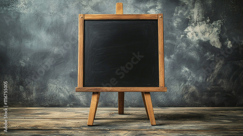 Blank Blackboard Easel  Rustic Wooden Frame  Dark Textured Background  Menu Board  Chalkbo photo