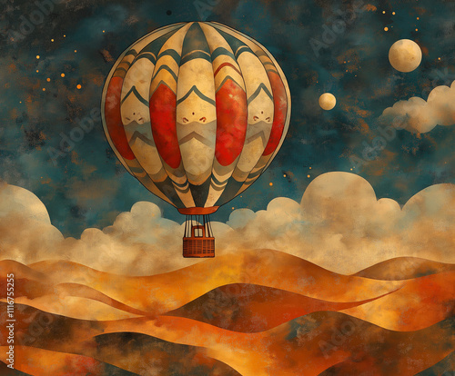 Hot air balloon with bold patterns rising over desert scenery