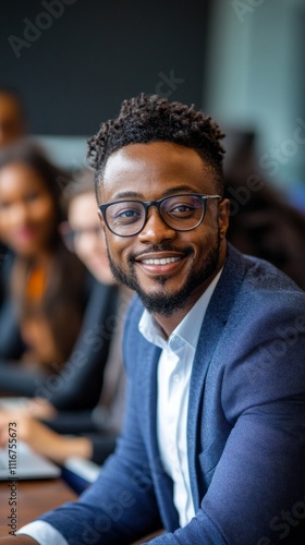 In a stylish conference room, a diverse team of professionals engages in a collaborative discussion, sharing ideas and strategies, fostering teamwork and innovation