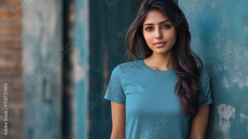 Mujer india posando con camiseta ecológica azul de deporte photo