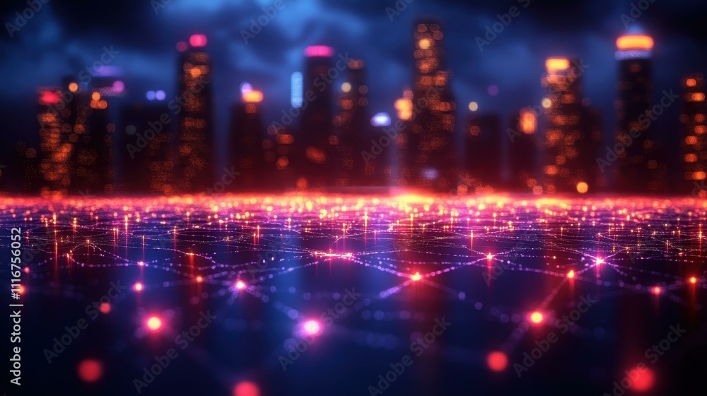 Fototapeta premium Futuristic digital network grid with glowing red and blue nodes overlaying city skyline at night, technology concept for smart city, data connection, innovation, cyberspace background, tech visualiza