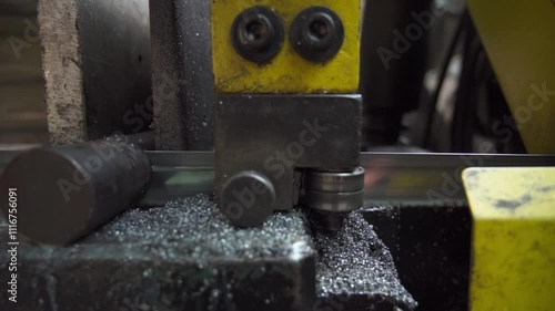 Band saw processing steel rods at a manufacturing plant for precision cutting