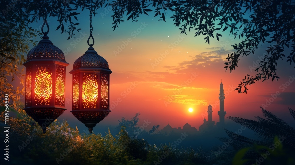 Fototapeta premium Sunset Lanterns Over Mosque Skyline