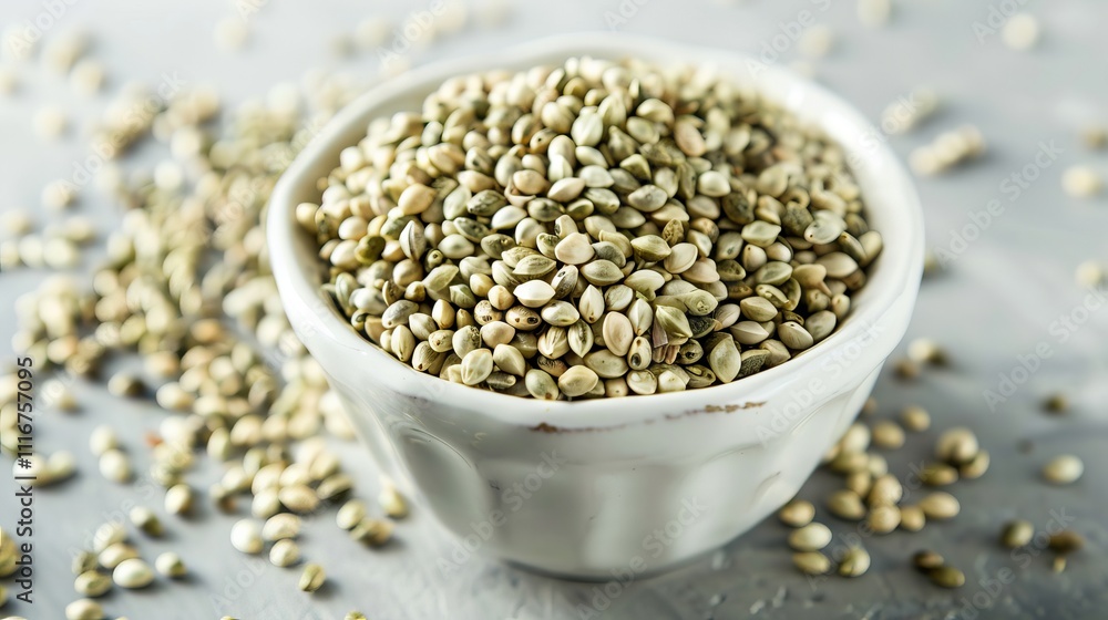 Hulled Edible Hemp Seeds in White Ceramic Bowl on Gray Surface. Concept of Natural Nutrition, Healthy Eating, Superfoods, Vegan Ingredients, and Organic Diet Hulled Edible Hemp Seeds in White Ceramic Bowl on Gray Surface. Concept of Natural Nutrition, Healthy Eating, Superfoods, Vegan Ingredients, and Organic Diet