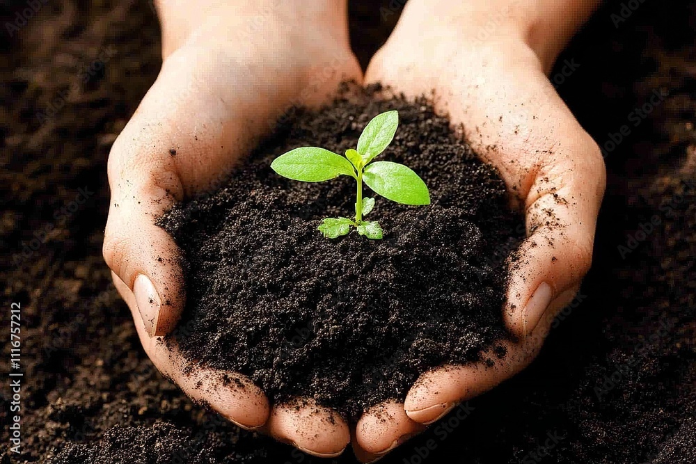 Hands Holding Dark Soil with Green Sprout, Symbolizing Growth, Life, and Human Hands Holding Dark Soil with Green Sprout, Symbolizing Growth, Life, and Human