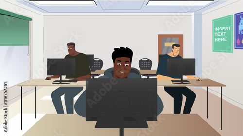 Modern Office Environment with Diverse Team Working on Computers in a Bright Room