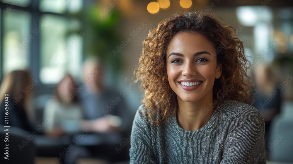 A joyful woman with curly hair smiles brightly while seated at a table in a lively cafe. Friends are engaged in conversation behind her, creating a lively atmosphere. A joyful woman with curly hair smiles brightly while seated at a table in a lively cafe. Friends are engaged in conversation behind her, creating a lively atmosphere.