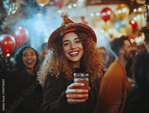 Young Latin woman celebrating the new year on the street making a toast to the new year.