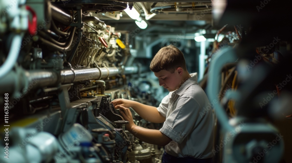 Despite the noise and heat of the engine room the engine cadet remains calm and collected as they complete their tasks eager to contribute to the smooth running of the ship. Despite the noise and heat of the engine room the engine cadet remains calm and collected as they complete their tasks eager to contribute to the smooth running of the ship.