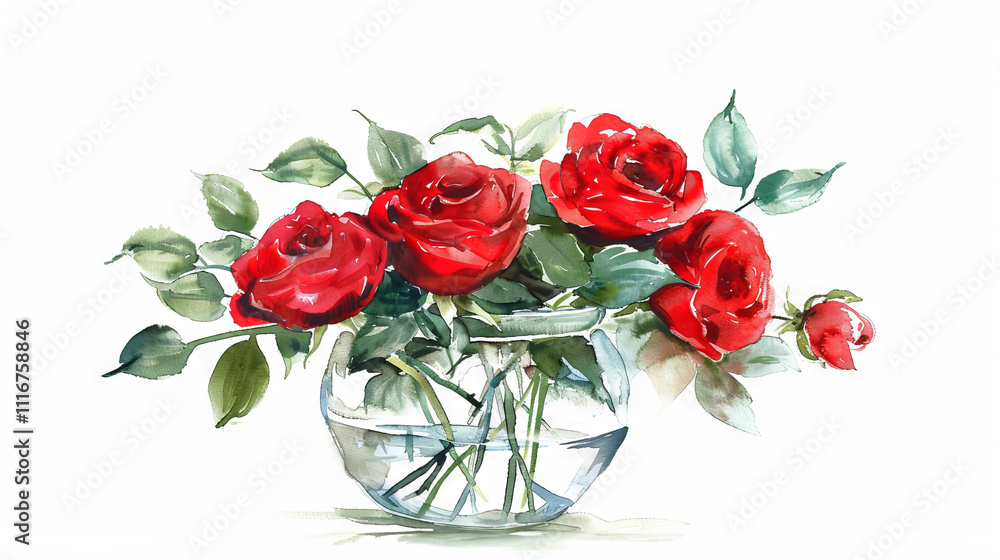 Fototapeta premium Elegant Watercolor Art of a Red Rose Bouquet in a Glass Vase, Concept of Floral Beauty, Romantic Decor, Freshness, and Nature's Elegance