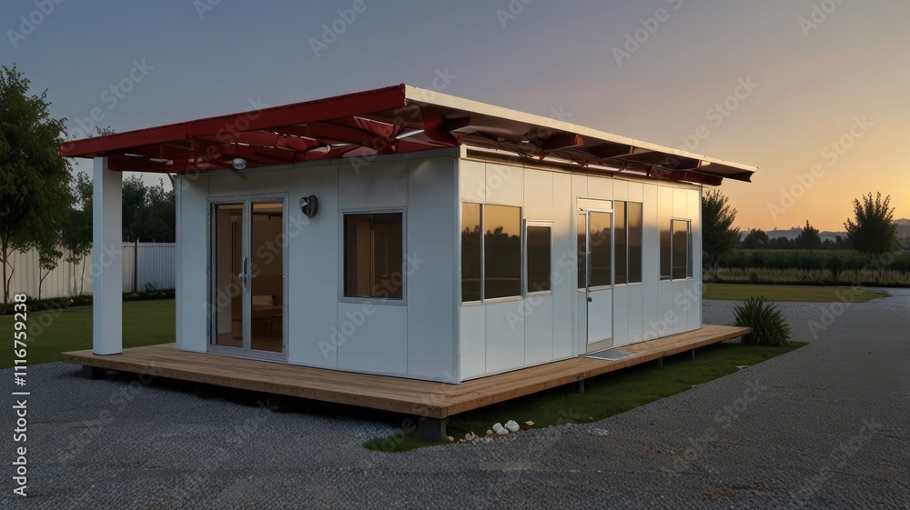 Fototapeta premium Modern prefab house on a deck at sunset.