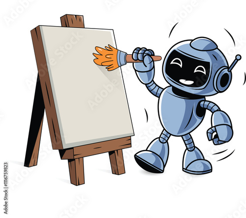 An illustration of a robot painting on an easel with a brush in its hand