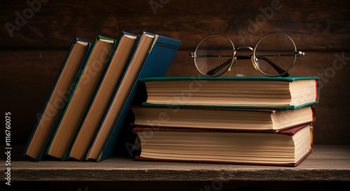 Books stacked on a wooden shelf with reading glasses for cozy home library photo