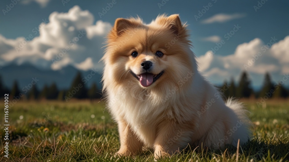 Happy fluffy dog sitting in grassy field with mountains in background. Happy fluffy dog sitting in grassy field with mountains in background.