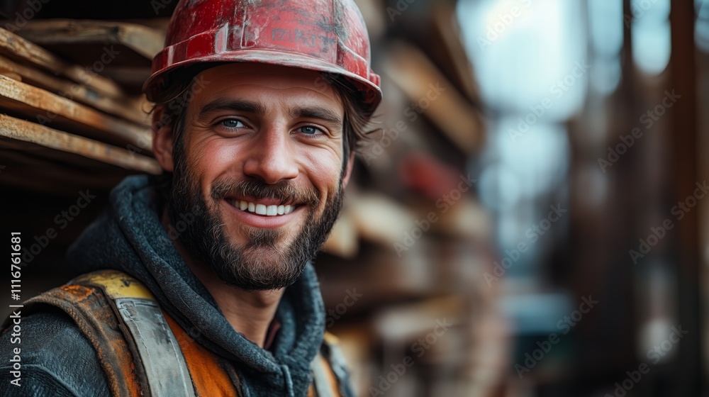 Smiling construction worker with a red hard hat in a lumber yard. Smiling construction worker with a red hard hat in a lumber yard.