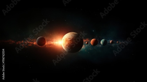 A stunning cosmic scene showing multiple planets in alignment against a backdrop of deep space, highlighted by glowing light and ethereal stars. photo