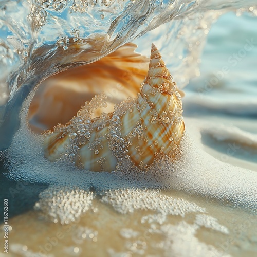 Seashell partially submerged in a receding wave, covered in seafoam on a sandy beach. photo