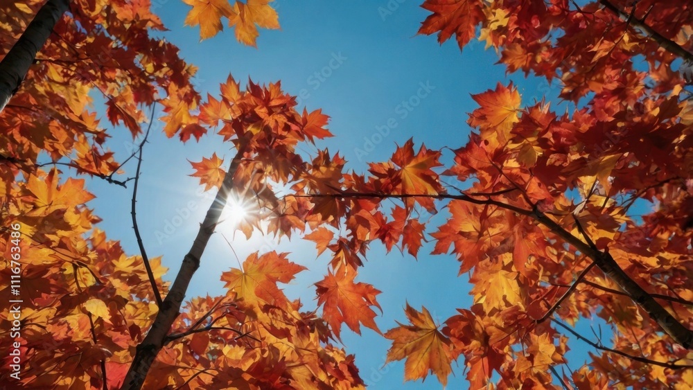 Golden autumn in the sunlight, sun rays through autumn leaves, close-up of bright autumn maple leaves against the blue sky and sun rays Golden autumn in the sunlight, sun rays through autumn leaves, close-up of bright autumn maple leaves against the blue sky and sun rays