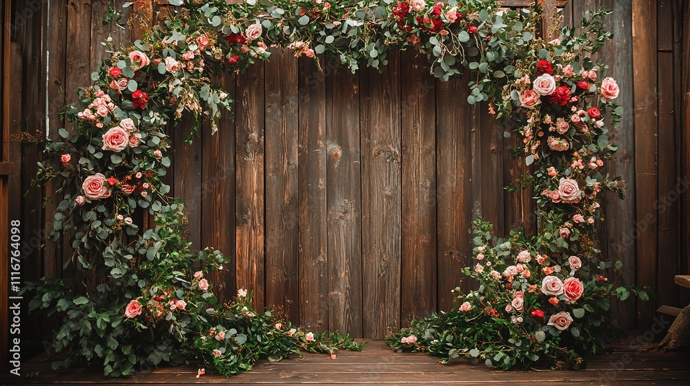 A rustic wooden backdrop adorned with a vibrant floral arch featuring roses and greenery, perfect for events or photography. A rustic wooden backdrop adorned with a vibrant floral arch featuring roses and greenery, perfect for events or photography.
