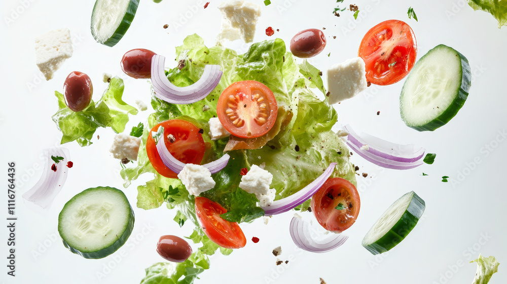 Greek salad ingredients, including tomatoes, cucumbers, red onions, olives, feta cheese, and lettuce, appear to be falling in mid-air on white background. close-up. Greek salad ingredients, including tomatoes, cucumbers, red onions, olives, feta cheese, and lettuce, appear to be falling in mid-air on white background. close-up.