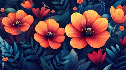 Wallpaper Mural Image of Vibrant Orange and Red Flowers with Lush Green Foliage on Dark Background Torontodigital.ca