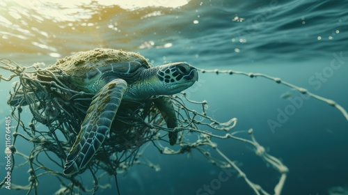 A sea turtle tangled in a m of tangled netting a discarded container sinking beside it and threatening to further en the helpless animal.