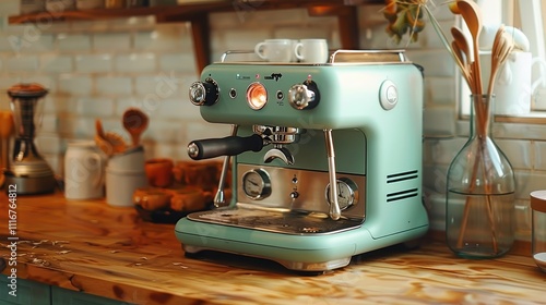 Teal espresso machine on wood countertop in kitchen.