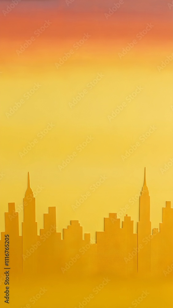 Silhouette of city skyline at sunrise with orange and yellow hues copy space Silhouette of city skyline at sunrise with orange and yellow hues copy space
