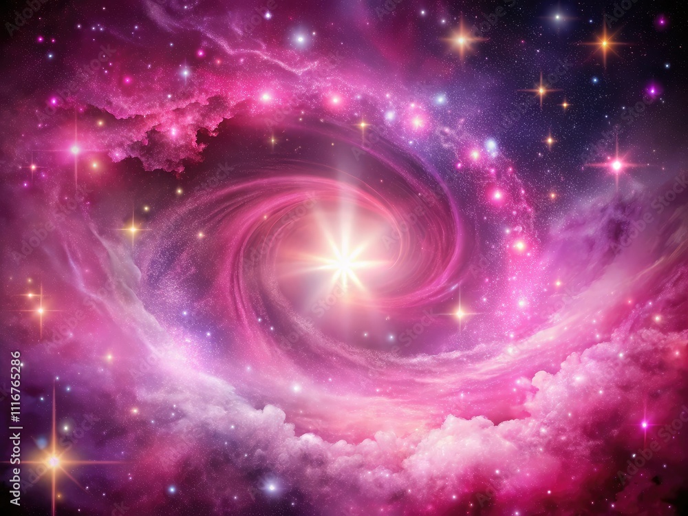 Experience the enchanting allure of an ethereal pink galaxy, illuminated by a bright central star, evoking a sense of dreamy cosmic serenity and wonder. Experience the enchanting allure of an ethereal pink galaxy, illuminated by a bright central star, evoking a sense of dreamy cosmic serenity and wonder.