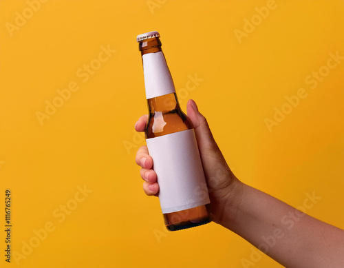 Female hands holding beer bottle on yellow background