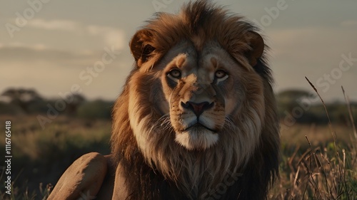 Lion portrait in a cinematic wild surrounding. 