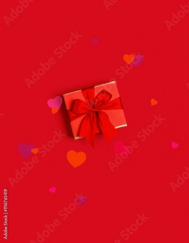 Romantic red gift box with ribbon and hearts on vibrant background photo