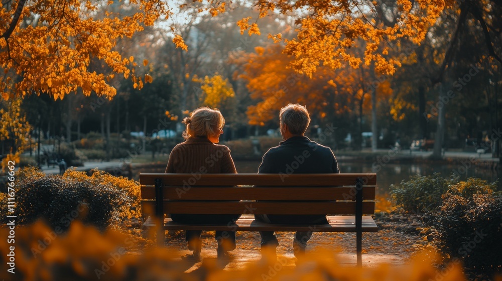 An elderly couple sits closely on a park bench, taking in the vibrant autumn colors and tranquil pond scenery during a calm afternoon. An elderly couple sits closely on a park bench, taking in the vibrant autumn colors and tranquil pond scenery during a calm afternoon.