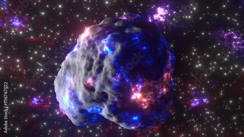 A giant meteor glowing from blue to magenta spins and floats in a galaxy with nebulae created 3D modeled seamless looping sci-fi cinematic animation of space scene.